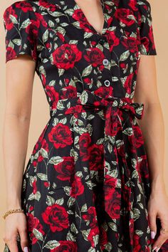 Retro Rose Print Fit and Flare dress With Puff Shoulder, Waist Tie and Pocket Feelin Groovy, Pride Shoes, Rose Print Dress, Vintage Inspired Outfits, Look Your Best, Halloween Dress, Plus Size Swimwear, Retro Floral, Rose Print