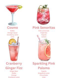 the different types of cocktails are shown in this poster, which includes pink lemonade,