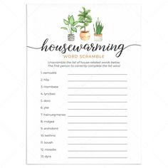 a housewarming word scramble with potted plants