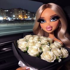 a barbie doll holding a bouquet of white roses in her hand and looking at the camera