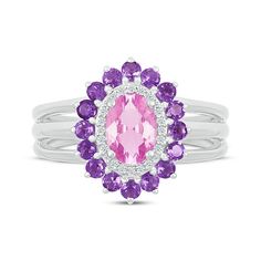 Beautiful colors and sparkle combine to create this whimsical ring. Crafted in sterling silver A pretty oval-cut pink lab-created sapphire is the focal point Round-cut white lab-created sapphires and amethysts form shimmering halos around the center The multi-row split shank creates a bold silhouette Pink Diamond Gemstones With Accents, Pink Oval Fine Jewelry, Oval Pink Sapphire White Gold Jewelry, Oval Pink Sapphire Jewelry With Gemstone Accents, Oval Pink Sapphire Jewelry In White Gold, Purple Pink Sapphire Jewelry With Center Stone, Pink Amethyst Diamond Ring, Pink Amethyst Ring With Halo Setting, Pink Amethyst Ring With Gemstone Accents