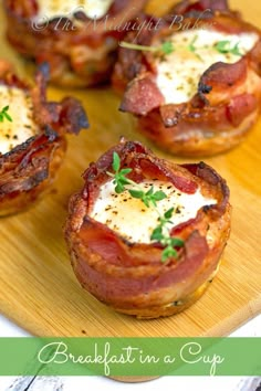 mini bacon and cheese cups on a cutting board