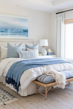 a bedroom with a large bed and white walls