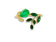 "Floral" ring with enamel green leaves with emerald, diamonds in 14k gold. Open ended ring with emerald Weight: 2.1 g. Set with emerald. Pear shape, approx 1 ct, green color. Clarity: SI Surrounding stone - diamond 0.10 ct (G/Vs), round brilliant cut. Some leaves are covered with enamel. Fine Jewelry Green Ring With Rose Cut Diamonds, Fine Jewelry Green Pear-shaped Ring, Green Oval Enamel Ring For Formal Occasions, Elegant Green Enamel Gemstone Ring, Formal Oval Green Enamel Ring, Formal Green Oval Enamel Ring, Oval Green Enamel Anniversary Ring, Green Oval Enamel Ring For Anniversary, Green Oval Enamel Anniversary Ring