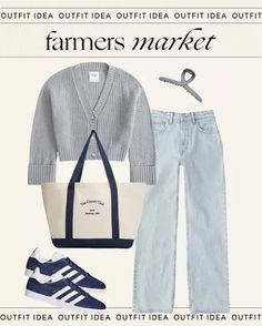 Farmers market outfit idea! A classic outfit styled with my go-to jeans, knit cardigan, adidas and tote bag. Tap to shop and bring this fashion inspo to life! French Twist Claw Clip, Twist Claw Clip, Outfit For Walking, Farmers Market Outfit, Market Outfit, Blue French, Farmers Markets, French Twist, Slate Blue