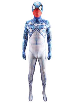 a man in a blue and white spider suit