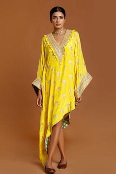 Shop for Masaba Yellow Crepe Foil Print Asymmetric Kaftan for Women Online at Aza Fashions Periwinkle Color, Draped Skirt, Indian Fashion Designers, Designer Gowns, Lemon Yellow, Foil Print, Relaxed Style, Indian Wear, Aza Fashion