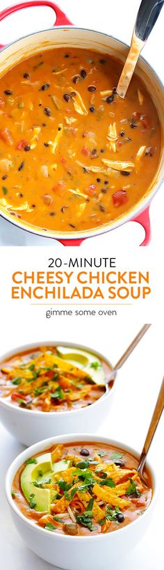 two bowls of cheesy chicken enchilada soup on a white background