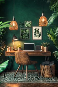 a desk with a laptop and some plants on it in front of a green wall