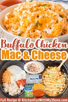 buffalo chicken macaroni and cheese recipe with text overlay