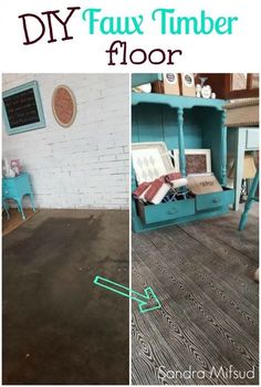 the diy faux timber floor is painted turquoise