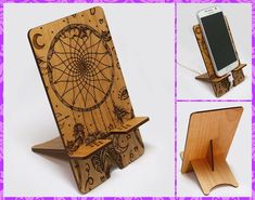 the wooden phone stand is designed to look like a dream catcher