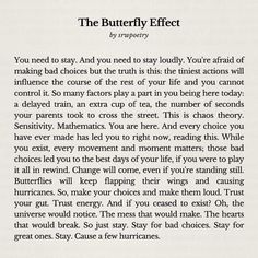 the butterfly effect is written in black and white on a piece of paper with writing underneath it