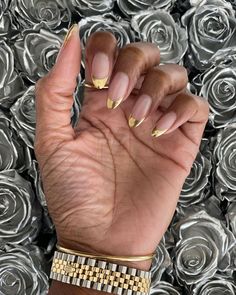 Golden Nails Designs, Gold Tip Nails, Fall Nude Nails, Autumn Manicure, Gold Acrylic Nails, Golden Nails, Chrome Nails Designs, Formal Nails, French Tip Acrylic Nails