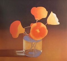 a painting of three orange flowers in a glass vase on a brown tablecloth background