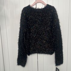 New Fuzzy Sweater With Black With Colorful Thread Woven Through. It's Soft And Not Too Warm Trendy Multicolor Winter Top, Colorful Trendy Winter Tops, Trendy Colorful Winter Tops, Winter Party Multicolor Tops, Casual Crew Neck Sweater For Party, Black Sweater For Fall Parties, Casual Multicolor Outerwear For Party, Cheetah Cardigan, Shag Jacket