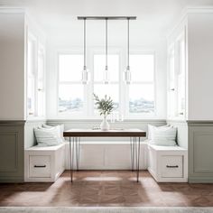 a white room with two windows and a table in the center, along with benches