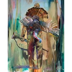 an abstract painting of a man carrying a bird on his back