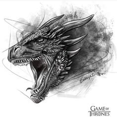 a black and white drawing of a dragon's head with it's mouth open