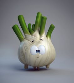 an onion with eyes and green stalks sticking out of it's face, on a gray background