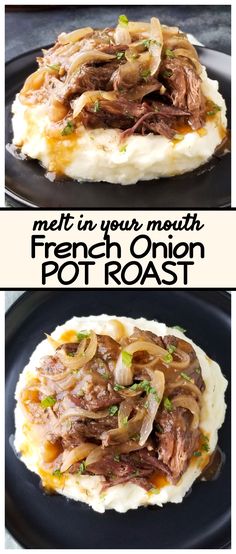 an image of french onion pot roast on top of mashed potatoes