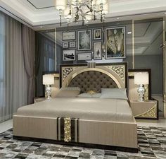 a bedroom with a bed, mirror and chandelier in the middle of it