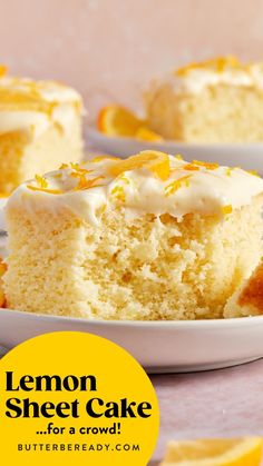 lemon sheet cake with white frosting and orange zest on top, sitting on a plate