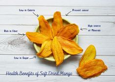 the health benefits of dried mangos are shown in this image, with labels on each side