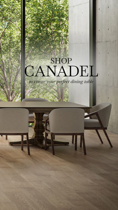 a dining room table and chairs with the words shop canada on it in front of a large window