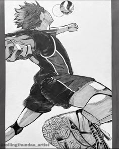 a drawing of a man kicking a soccer ball in the air with his leg up