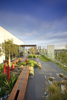 a long wooden bench sitting on top of a lush green hillside next to tall buildings