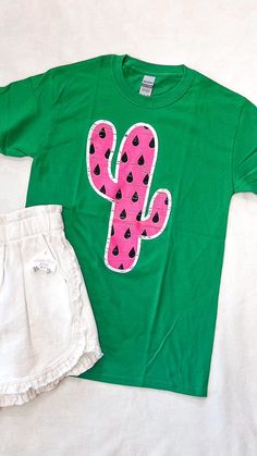 Watermelon Cactus Graphic Tee-Green Summer Green Tops With Funny Print, Green Casual Tops With Funny Print, Casual Green Tops With Funny Print, Cute Printed Green T-shirt, Cute Green Printed T-shirt, Green T-shirt With Funny Print For Vacation, Fun Green T-shirt For Vacation, Watermelon Tshirts, Watermelon Cactus