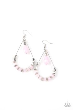 A dainty collection of studded silver rings, dewy pink crystal-like beads, and shimmery silver cube beads are threaded along the bottom of a dainty wire teardrop. A matching silver cube beaded teardrop swings from the top of the airy frame for a whimsical finish. Earring attaches to a standard fishhook fitting. Sold as one pair of earrings. Grad Accessories, Wire Jewelry Rings, Cube Beads, Fish Hook Earrings, Paparazzi Accessories, Paparazzi Jewelry, Earring Sale, Pink Earrings, Pink Crystal