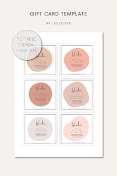 the gift card template is shown in four different colors and sizes, including pinks, peach