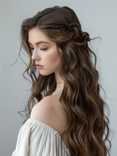 Hairstyle Photoshoot Ideas, Wedding Hairstyles Volume, Wedding Hairstyles Ethereal, Wedding Glamour Waves, Romantic Hairstyle Tutorial, Ethereal Hairstyles Romantic, Pretty Hairstyles For Long Hair, Long Braid Wedding Hair Rapunzel