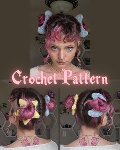 a woman with pink hair and blue eyes is shown in three different ways, including the words crochet pattern