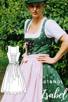 Sewing pattern for dirndls to sew yourself. As an e-book (PDF download) in DIN A4 size to print out yourself. With detailed step-by-step and picture-by-picture sewing instructions, on 40 pages with over 150 pictures. The Isabel model is a modern interpretation of a dirndl with a Munich neckline and a zipper in the side seam. The zipper in the side seam leaves plenty of room for lacing and decorations in the center front. The wide skirt is pleated and the skirt length of 70 cm is variable. The apron is simply rowed and has turned-down apron straps. Choose YOUR fabrics - traditional, classic, modern, crazy Despite the very detailed instructions, a dirndl is **not a beginner's sewing project**. You should have already sewn a dress - preferably lined - beforehand. **Sizes** Multi-size cut from Dirndl Pattern, Drindl Dress, Sewing Projects For Beginners, Sewing For Beginners, Sewing Dresses, Munich, Skirt Length, Pdf Download, Sewing Pattern