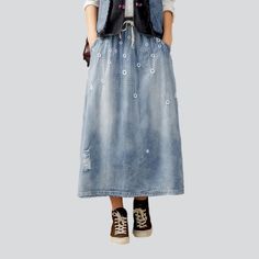 Welcome to our 2023 Spring-Summer Collection with a fashion laid-back embroidery long denim skirt. This high-waist, drawstrings closure skirt is the perfect blend of laid-back style and enduring sophistication. With its unique embroidery pattern, it's sure to make a statement!Key Highlights: Urban Embroidery: Crafted with intricate embroidery detailing, this skirt offers an effortless expression of vogue style. Long Length: The elongated length of this skirt offers a flattering silhouette, perfe Urban Embroidery, Streetwear Embroidery, Men Overall, Denim Skirts Online, Vogue Style, Modern Streetwear, Jeans Street Style, Long Denim Skirt, Unique Embroidery