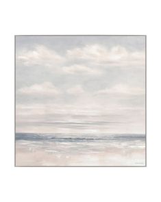 an ocean scene with white clouds in the sky and water reflecting on the sand below