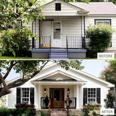 before and after pictures of a white house with black shutters on the front door