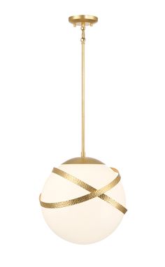 a white and gold pendant light hanging from a ceiling fixture with a golden ribbon on it