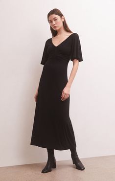 Holt Flutter Midi Dress-Dresses-Vixen Collection Dress Home, Sleeve Midi Dress, Draped Dress, Midi Dress With Sleeves, Flutter Sleeves, Black Midi Dress, Fall Dresses, Spandex Fabric, Dresses Xs