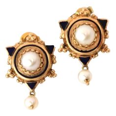 This lovely vintage earrings are crafted from 14k yellow gold with a polished finish. It has a three points design with blue enamel and a small mabe pearl in the center mounted in multi-prong setting. Dangling below is a smaller pearl. Comes with standard posts and has the 14k stamp.    Material: 14k yellow gold and blue enamel  Measurement: 1.05" long x 0.62" wide x 0.30" high  Pearl:  large: 6mm    Small: 4.3mm  Weight: 5.4 grams Antique Yellow Gold Cabochon Earrings, Formal Enamel Earrings Hallmarked, Elegant Enamel Jewelry With Cabochon, Fine Jewelry Enamel Earrings For Formal Occasions, Formal Fine Jewelry Enamel Earrings, Formal Enamel Earrings In Fine Jewelry Style, Formal Enamel Earrings Fine Jewelry, Formal Round Enamel Earrings, Classic Enamel Earrings For Formal Occasions