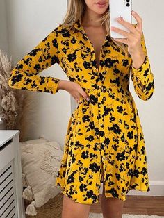 Women's Dresses Floral Button Long Sleeve Shirt Dress - Mini Dresses - Instastyled | Online Fashion Free Shipping Clothing Shirt Dress Mini, Formal Mini Dress, Button Long Sleeve, Womens Fall Dress, Dress Aesthetic, Dresses Floral, Dress Shirts For Women, Long Sleeve Shirt Dress, Fashion Colours