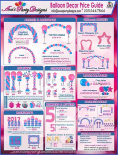 the balloon decor price guide is displayed in pink and blue colors, with balloons on each side