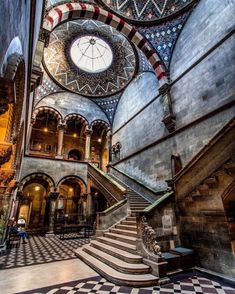 the inside of a building with many stairs