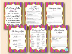 four baby shower games with pink, purple and yellow stripes on the front and back