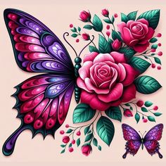 a pink rose and purple butterfly with green leaves on it's wings, sitting next to each other