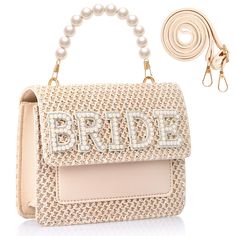 the bride purse is adorned with pearls and sequins, along with a lanyard