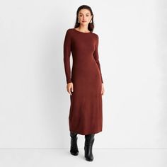 Women's Long Sleeve Ribbed Midi Bodycon Dress - A New Day™ Brown S Dark Brown Midi Dress, Brown Dress With Sneakers, Long Sleeve Brown Dress, Ribbed Bodycon Midi Dress, Midi Bodycon Dress, Sweater Maxi Dress, Womens Knit Dresses, Sweater Dress Midi, Women Maxi